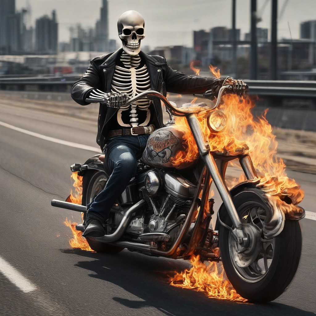 skeleton with burning skull on american motorcycle on highway by मुफ्त एआई छवि जनरेटर - बिना लॉगिन के✨ | AIGAZOU