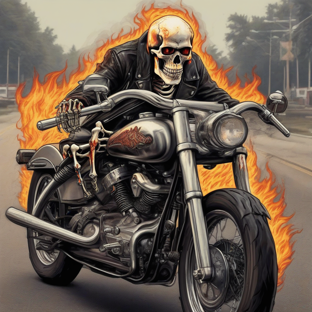 skeleton with head on fire on american motorcycle by मुफ्त एआई छवि जनरेटर - बिना लॉगिन के✨ | AIGAZOU