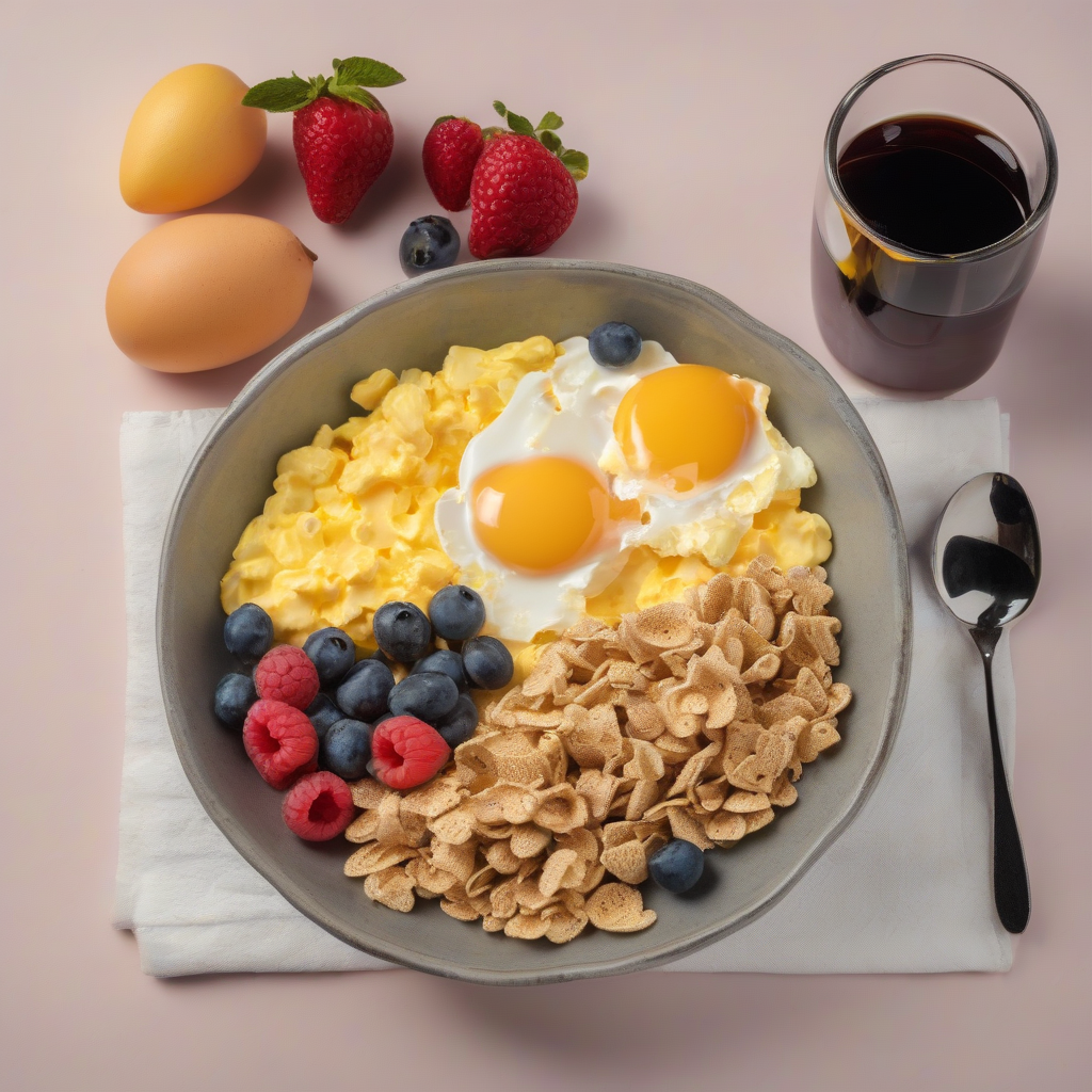 photo petit dejeuner compose de un bol de cereales d un verre de jus de fruits d un fruit et by मुफ्त एआई छवि जनरेटर - बिना लॉगिन के✨ | AIGAZOU