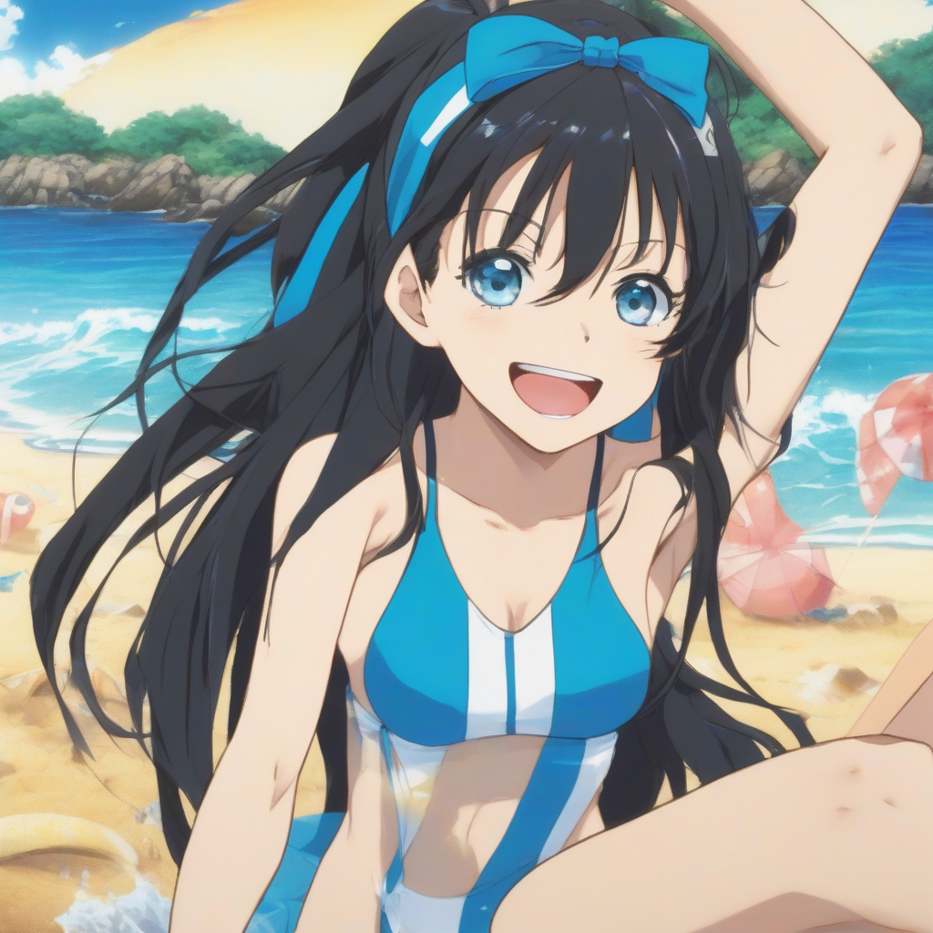 amami oshima beach long black hair odd eyes black right blue slender body smiling expression ribbon one piece swimsuit 14 by मुफ्त एआई छवि जनरेटर - बिना लॉगिन के✨ | AIGAZOU