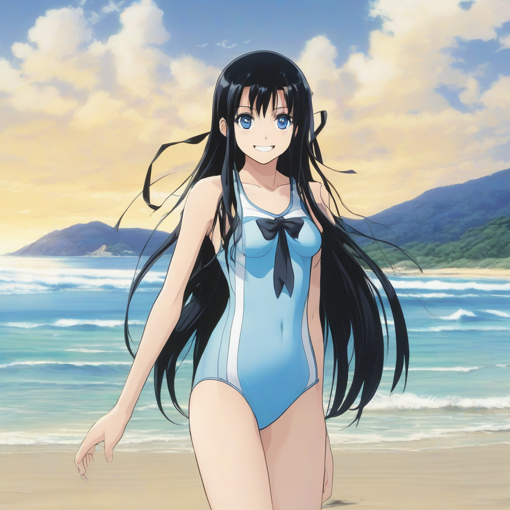 amami oshima beach long black hair odd eyes black right blue slender body smiling expression ribbon dress swimsuit 14 years by मुफ्त एआई छवि जनरेटर - बिना लॉगिन के✨ | AIGAZOU