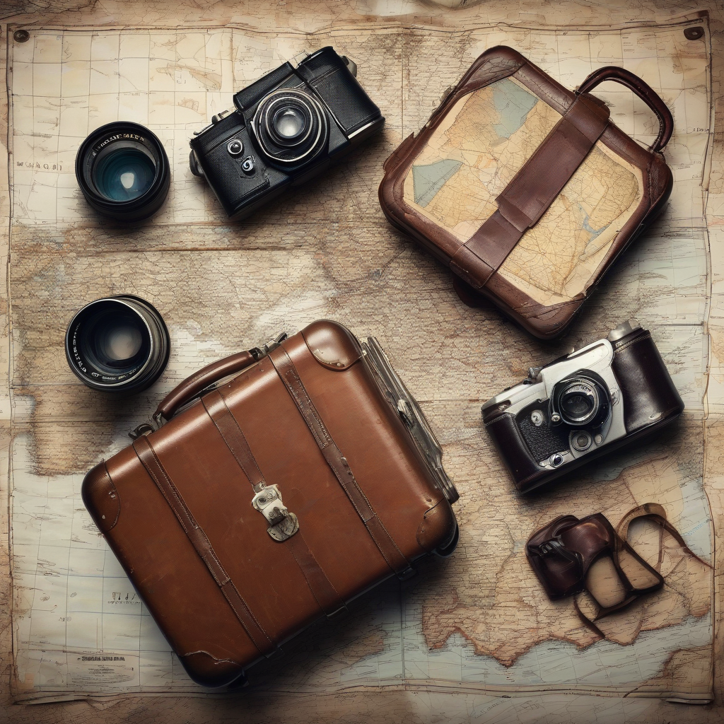 vintage suitcase map camera wooden table by मुफ्त एआई छवि जनरेटर - बिना लॉगिन के✨ | AIGAZOU