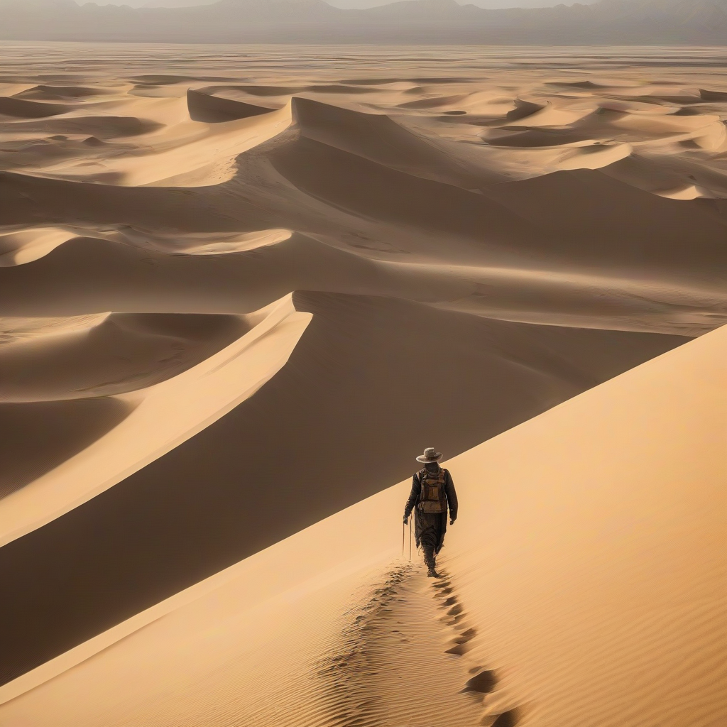 explorer walking in the desert with sand dunes stretching to the horizon by Générateur d'images par IA gratuit - Aucune connexion nécessaire✨ | AIGAZOU