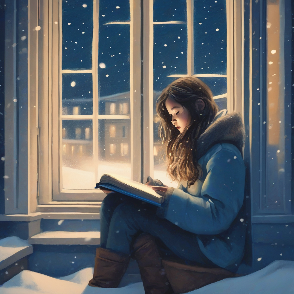 girl reading indoors on snowy night by मुफ्त एआई छवि जनरेटर - बिना लॉगिन के✨ | AIGAZOU