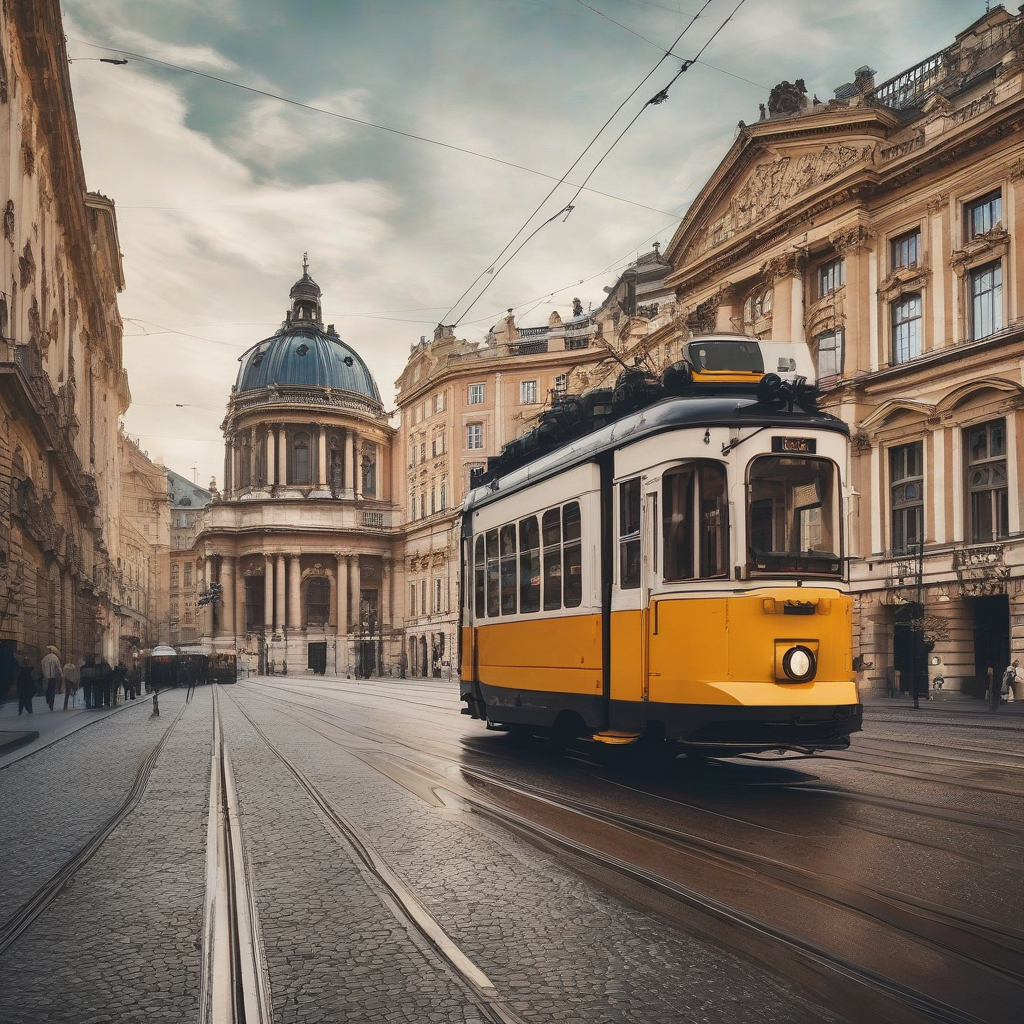 tram crossing european historic city with classical architecture by मुफ्त एआई छवि जनरेटर - बिना लॉगिन के✨ | AIGAZOU