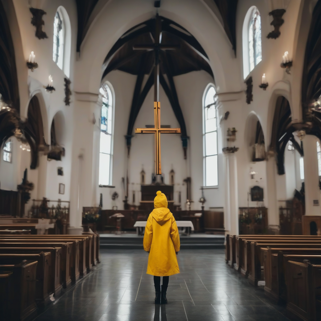 cinematic shot girl yellow coat gray hat church by मुफ्त एआई छवि जनरेटर - बिना लॉगिन के✨ | AIGAZOU