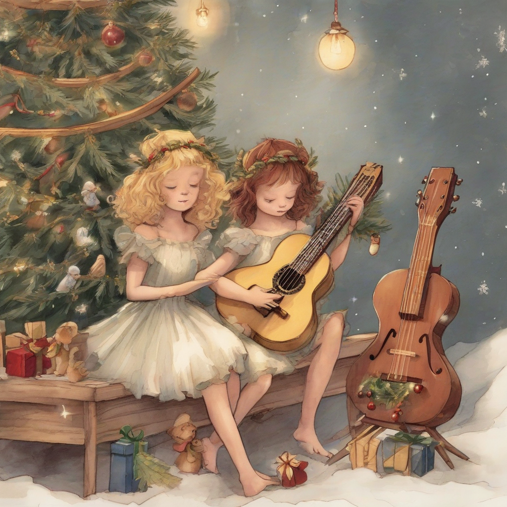 two fairies play harp and guitar under the christmas tree by मुफ्त एआई छवि जनरेटर - बिना लॉगिन के✨ | AIGAZOU