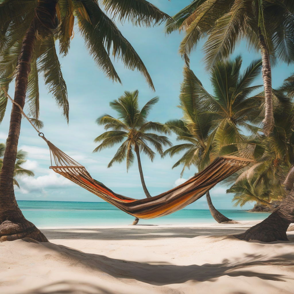 traveler relaxing in hammock between two palms on tropical beach by मुफ्त एआई छवि जनरेटर - बिना लॉगिन के✨ | AIGAZOU