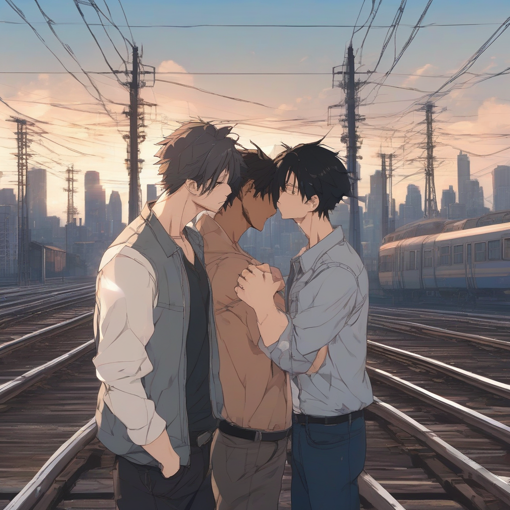 two men in love embrace and kiss in realistic anime style by मुफ्त एआई छवि जनरेटर - बिना लॉगिन के✨ | AIGAZOU