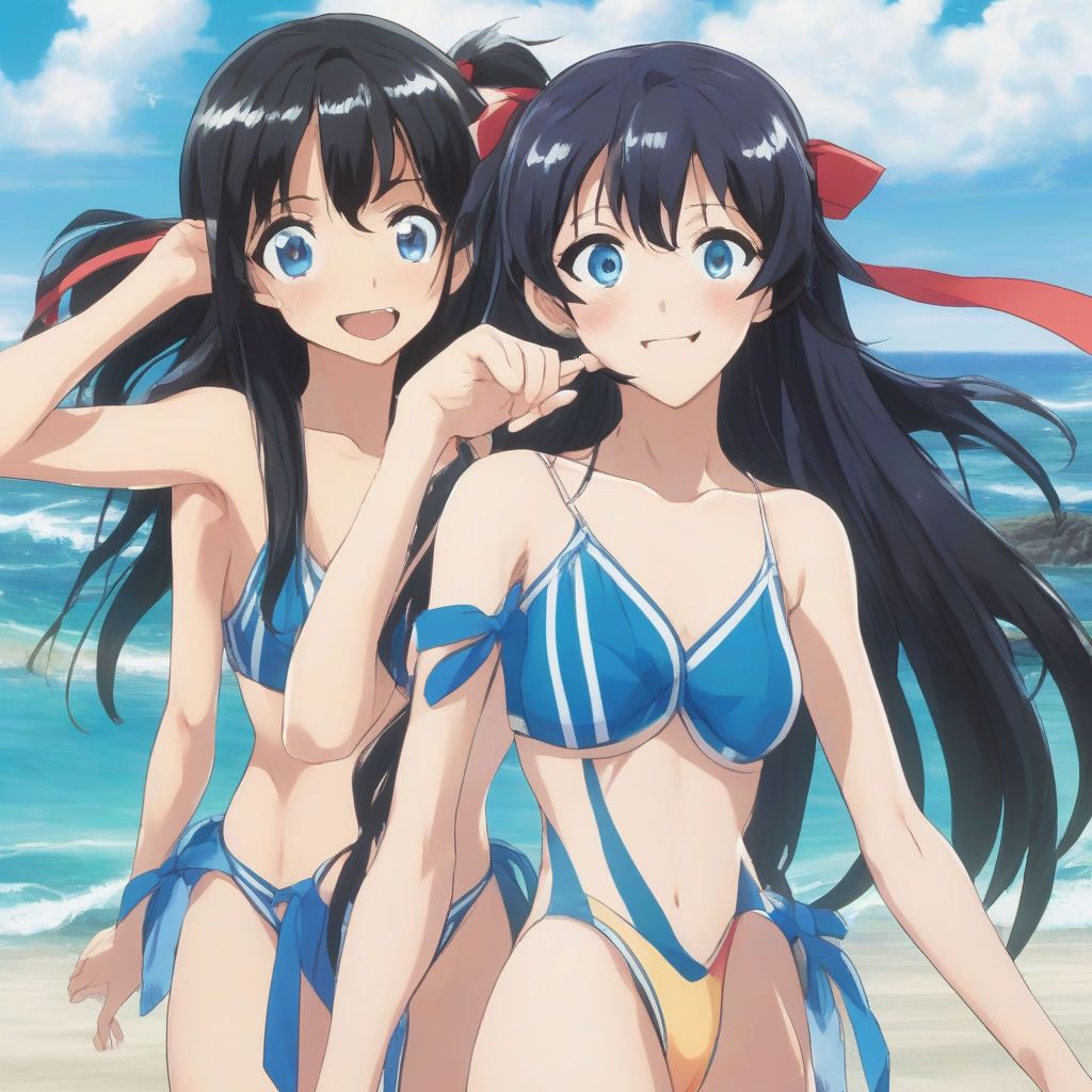 amami oshima beach long black hair odd eyes black left blue right slender body smiling expression ribbon attached separate swimsuit by मुफ्त एआई छवि जनरेटर - बिना लॉगिन के✨ | AIGAZOU