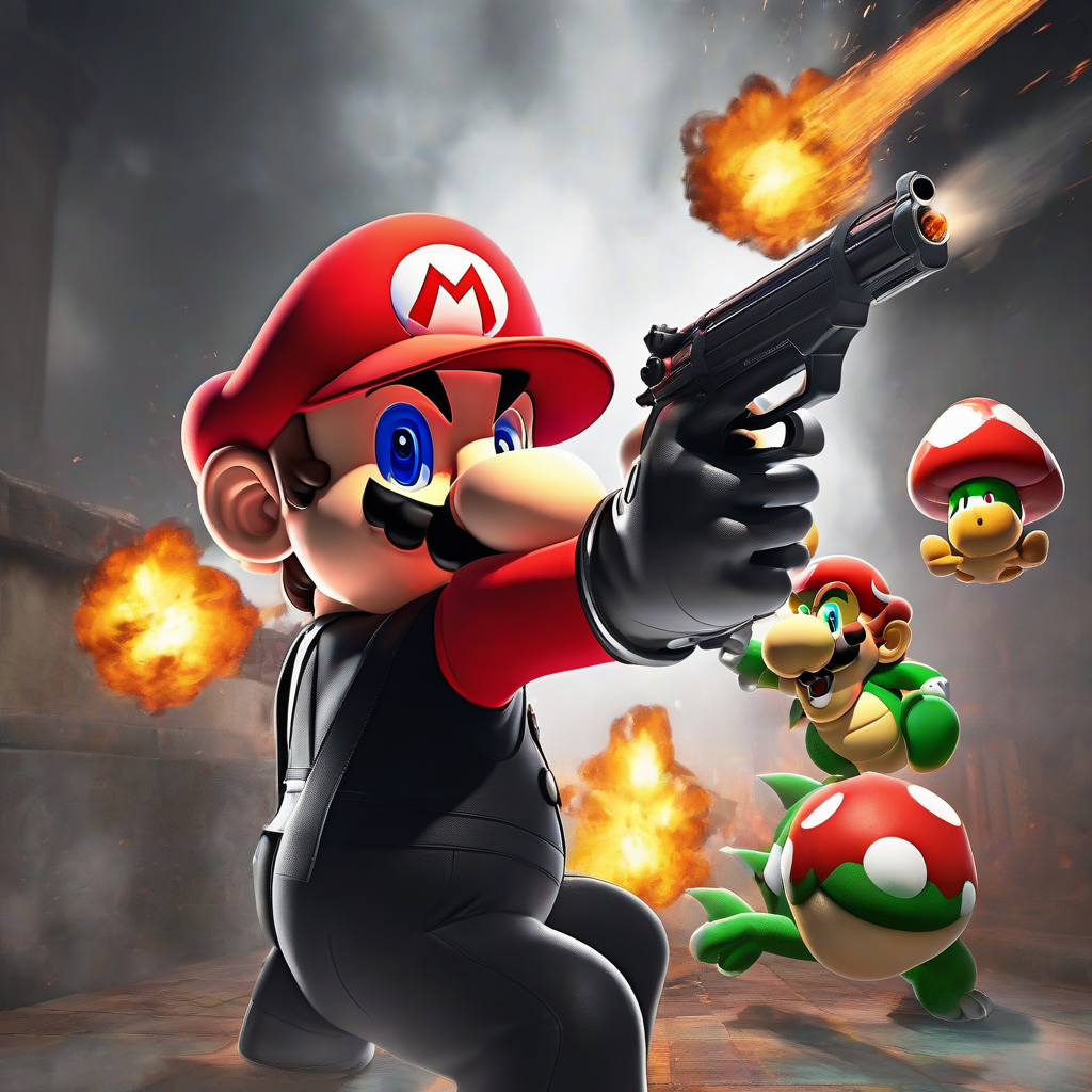 mario in black suit aiming at bowser by मुफ्त एआई छवि जनरेटर - बिना लॉगिन के✨ | AIGAZOU