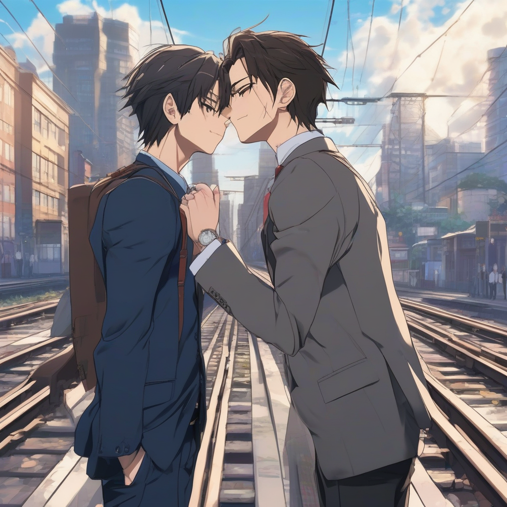 two men in love embrace and kiss in realistic anime style by 免费AI图像生成工具 | AIGAZOU