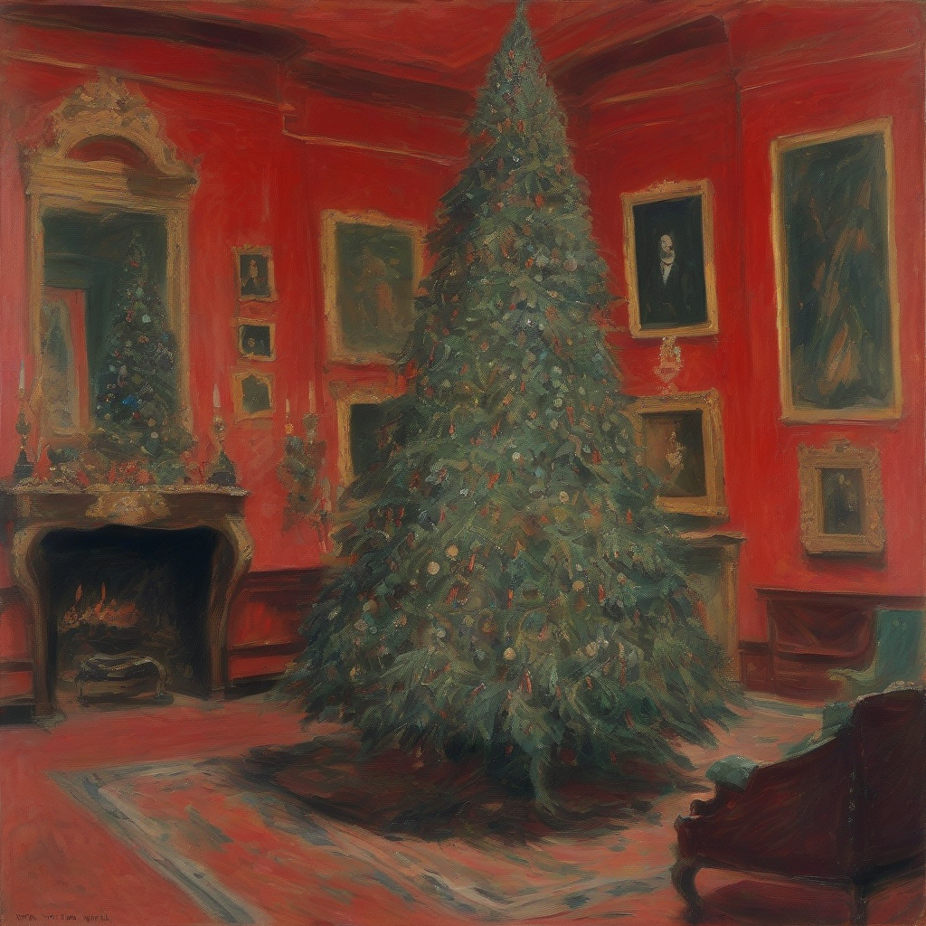 a richly decorated christmas tree in a large room with red walls rough brushstrokes 1914 by मुफ्त एआई छवि जनरेटर - बिना लॉगिन के✨ | AIGAZOU