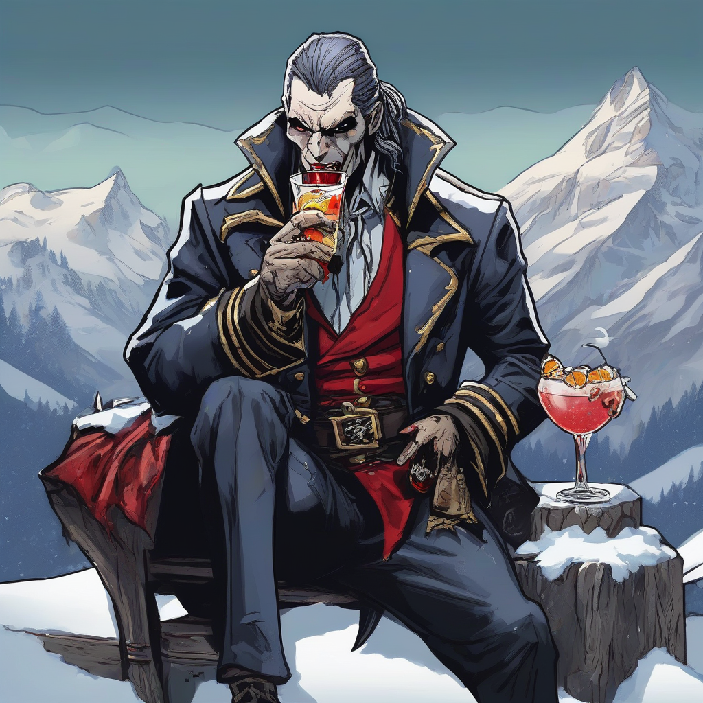 a vampire pirate luthor harkon on a snowy mountain drinking a cocktail by मुफ्त एआई छवि जनरेटर - बिना लॉगिन के✨ | AIGAZOU