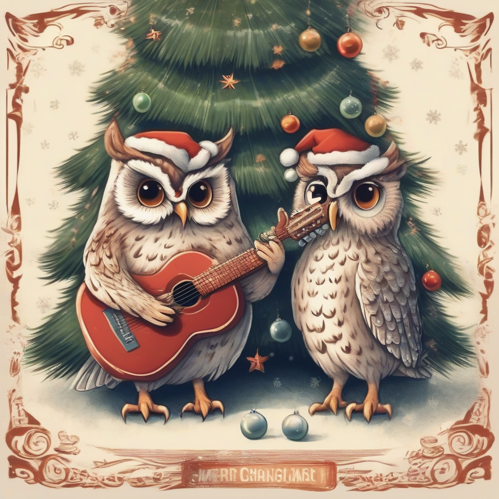 two owls play guitar under the christmas tree by मुफ्त एआई छवि जनरेटर - बिना लॉगिन के✨ | AIGAZOU