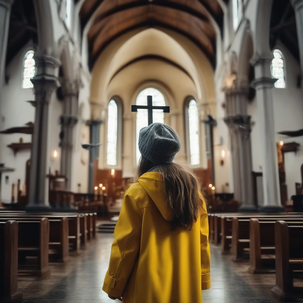 cinematic shot girl yellow coat gray hat church by मुफ्त एआई छवि जनरेटर - बिना लॉगिन के✨ | AIGAZOU