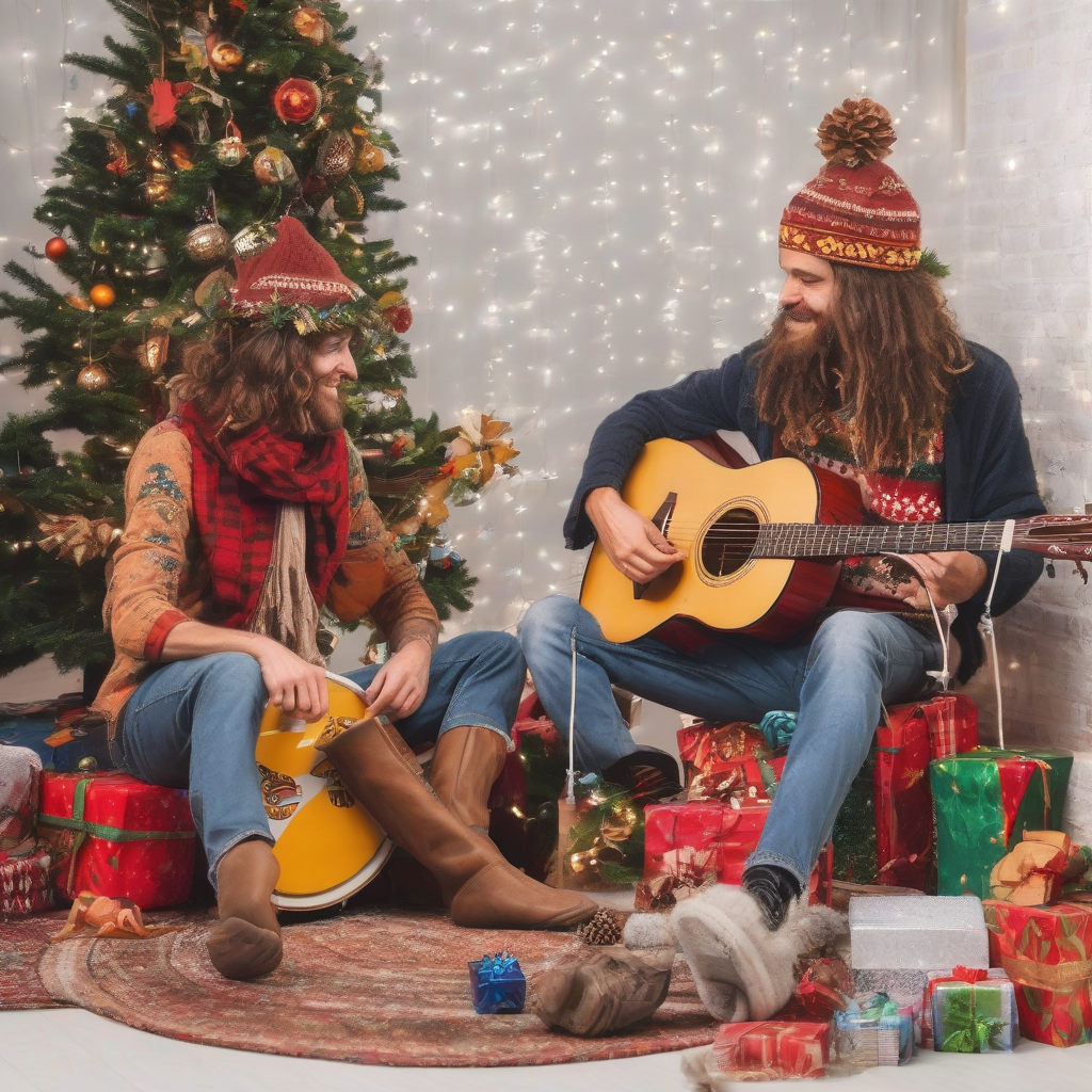 two hippies under the christmas tree play drums and guitar by मुफ्त एआई छवि जनरेटर - बिना लॉगिन के✨ | AIGAZOU