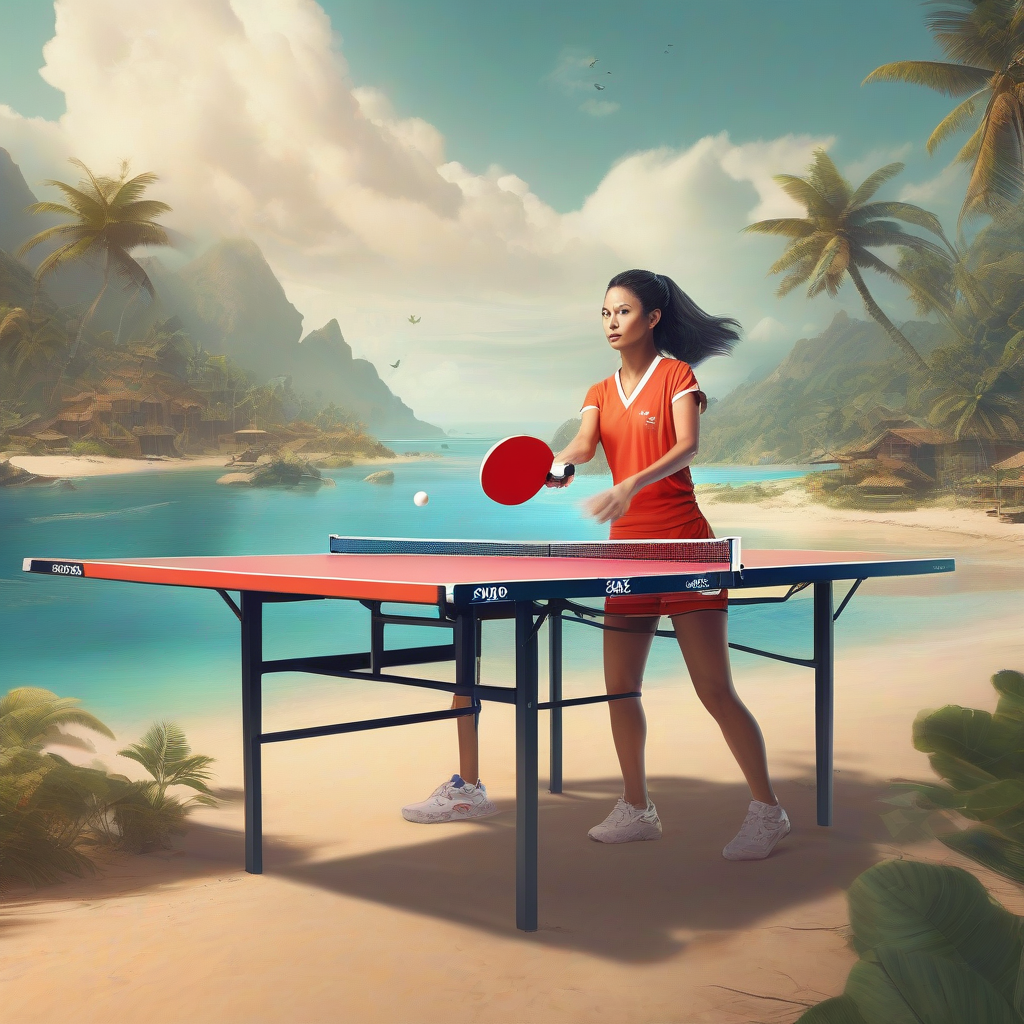 a woman playing table tennis on an island in 2100 by मुफ्त एआई छवि जनरेटर - बिना लॉगिन के✨ | AIGAZOU