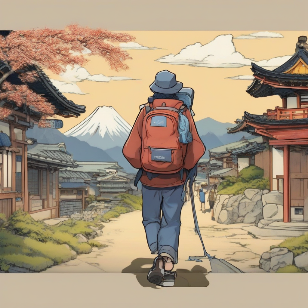 backpacker character hokusai style 3min japanese by मुफ्त एआई छवि जनरेटर - बिना लॉगिन के✨ | AIGAZOU