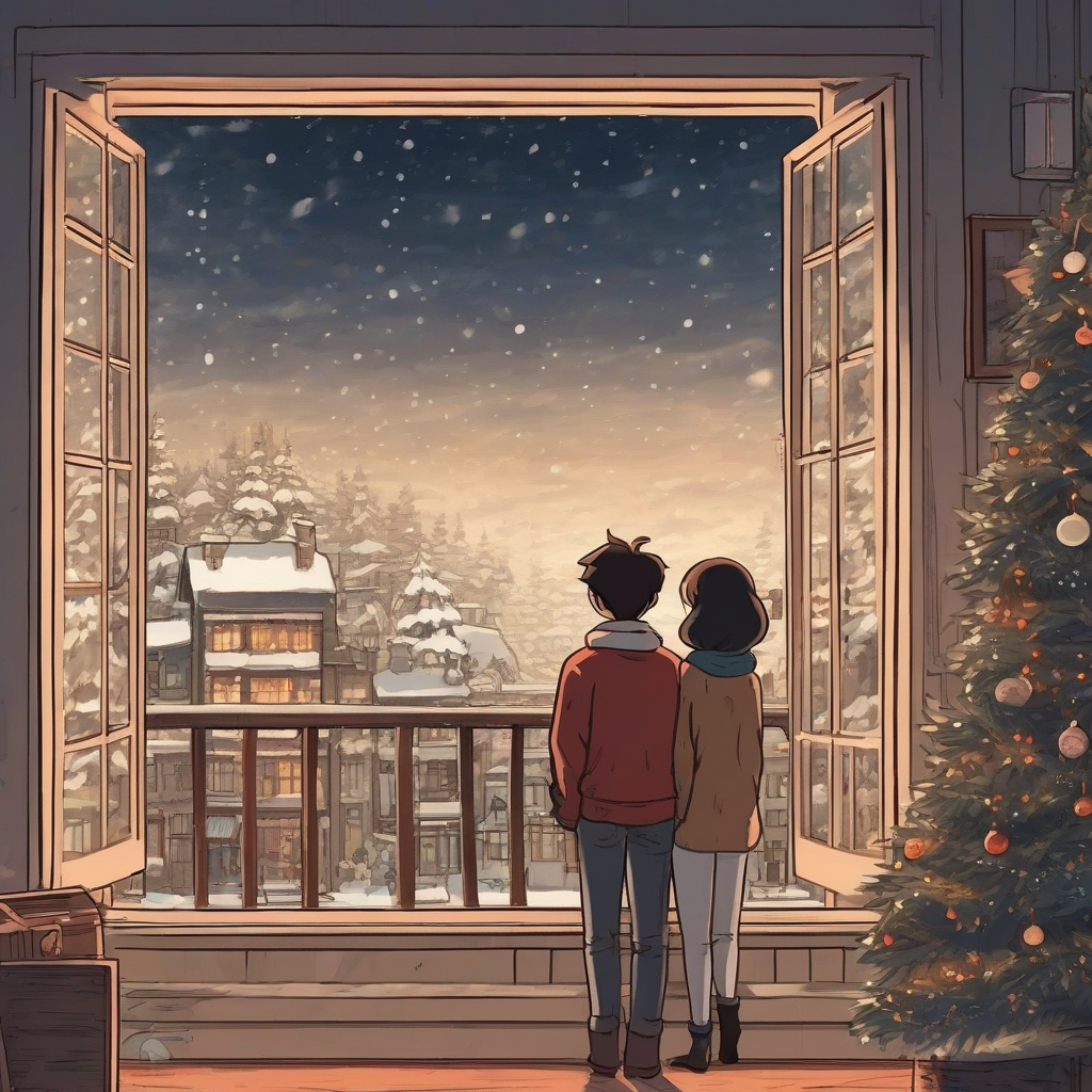 christmas atmosphere couple looking out window ghibli style by मुफ्त एआई छवि जनरेटर - बिना लॉगिन के✨ | AIGAZOU