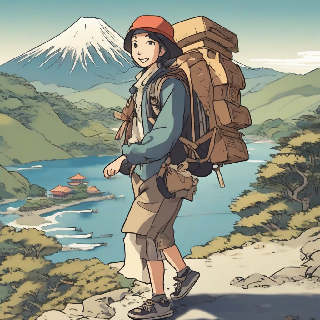 backpacker character hokusai style 3min japanese study language english portuguese spanish chinese korean by मुफ्त एआई छवि जनरेटर - बिना लॉगिन के✨ | AIGAZOU