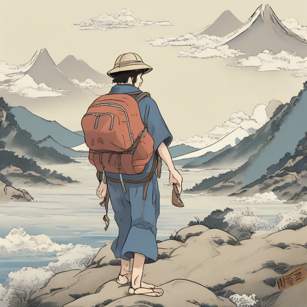 backpacker male character hokusai style 3min japanese study language english portguess spanish chinese korean by मुफ्त एआई छवि जनरेटर - बिना लॉगिन के✨ | AIGAZOU