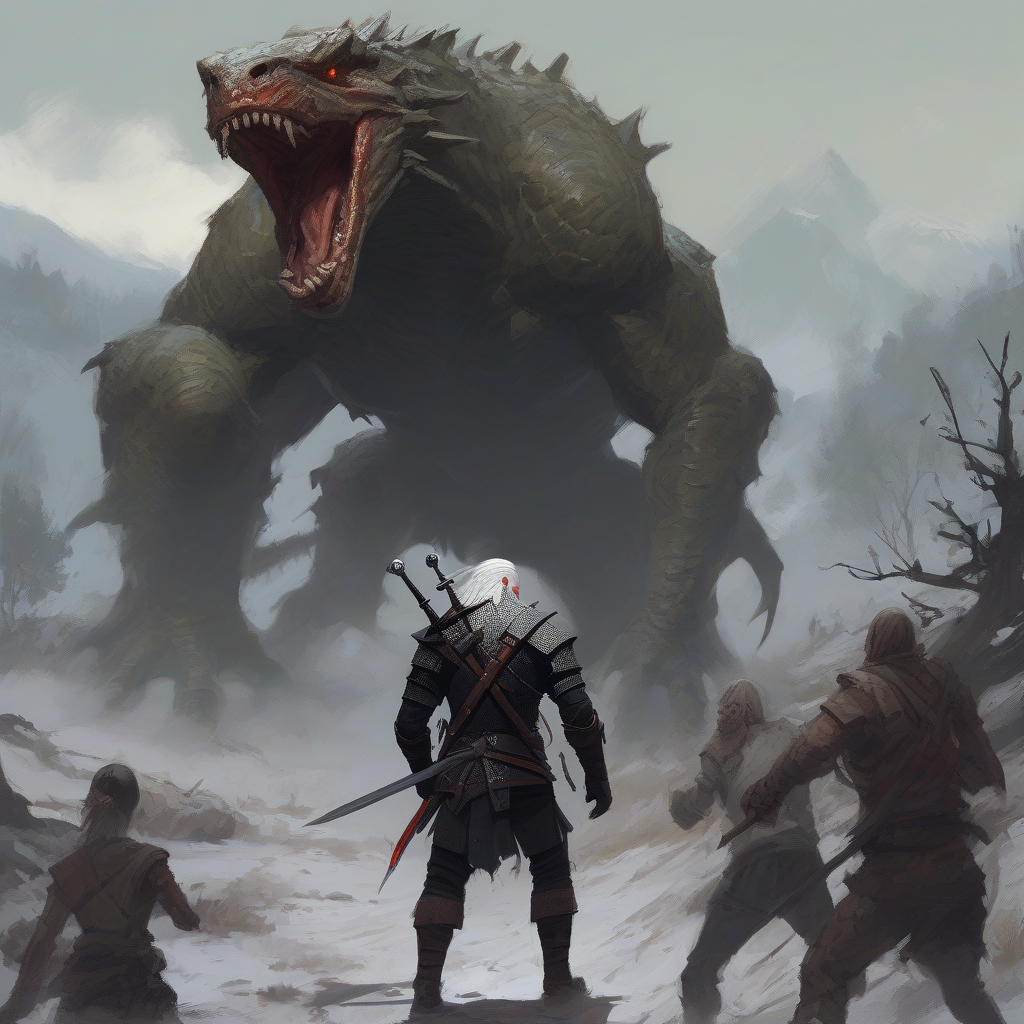 sorcerer in combat against a reptilian monster in the valley of khaer moren in the style of jakub rozalski by मुफ्त एआई छवि जनरेटर - बिना लॉगिन के✨ | AIGAZOU