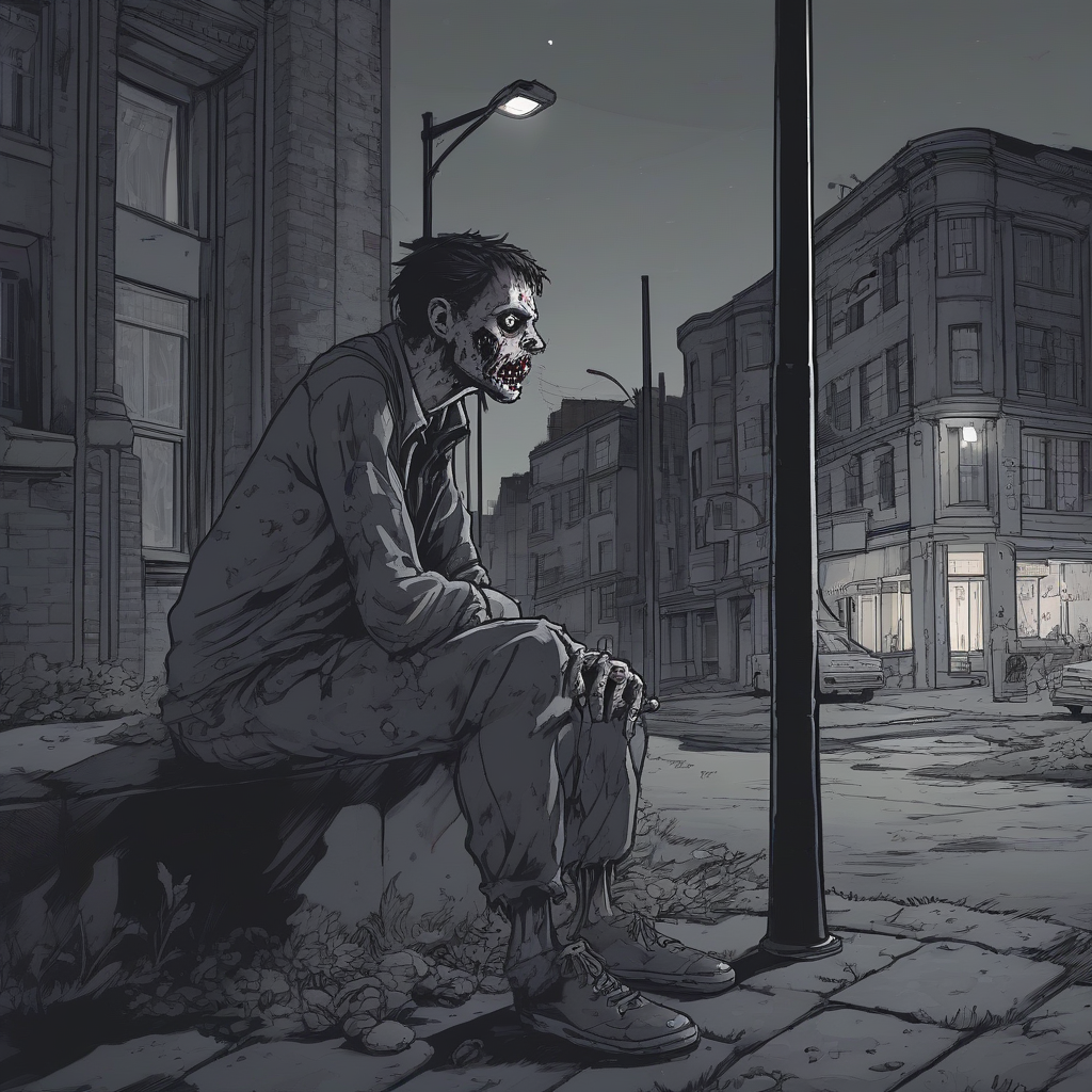 man lit by streetlight sitting at night by building with zombies below by Générateur d'images par IA gratuit - Aucune connexion nécessaire✨ | AIGAZOU