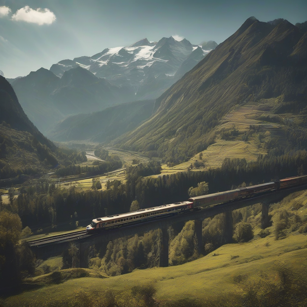 train crossing a mountainous landscape with breathtaking view by मुफ्त एआई छवि जनरेटर - बिना लॉगिन के✨ | AIGAZOU