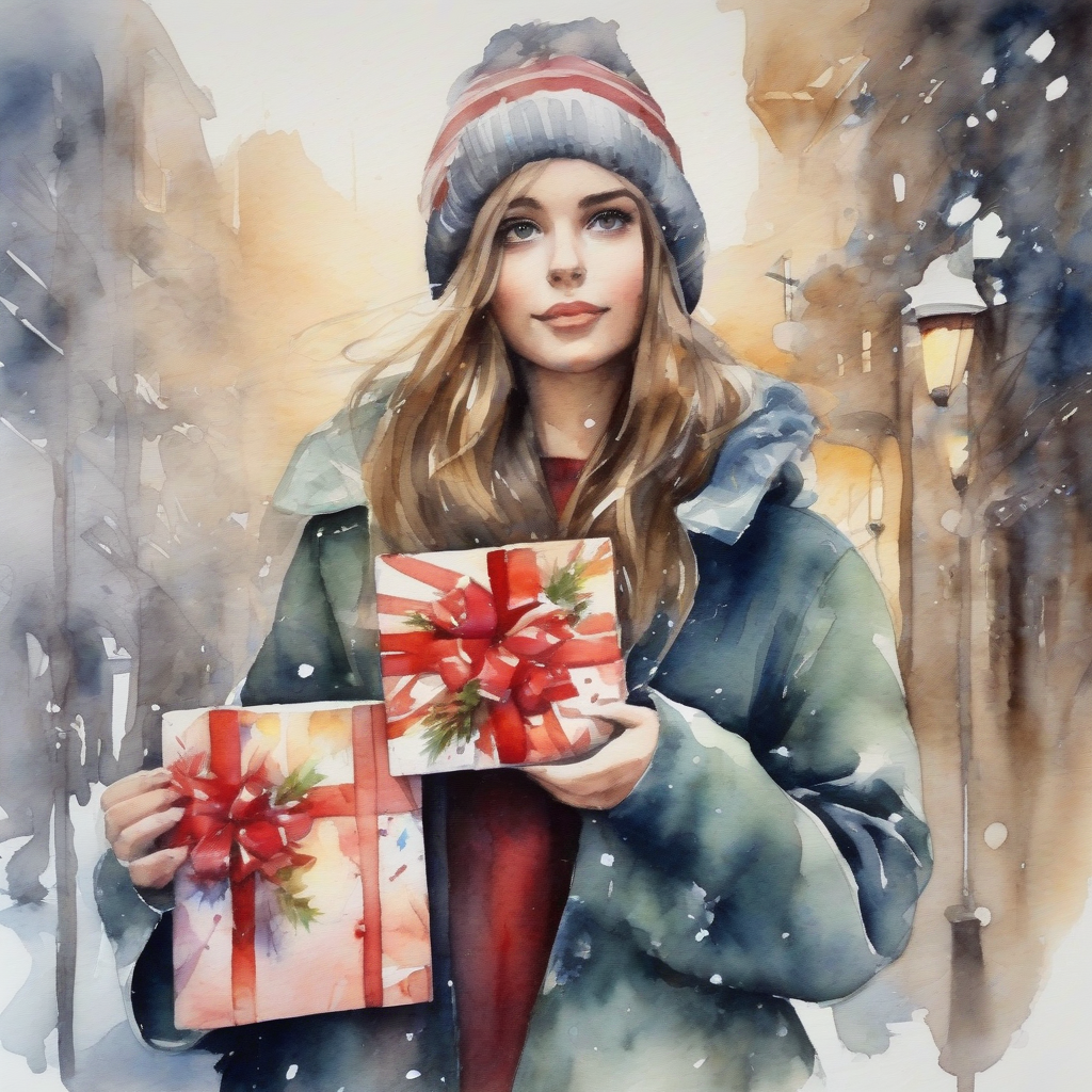 christmas presents and beautiful girls watercolor painting by मुफ्त एआई छवि जनरेटर - बिना लॉगिन के✨ | AIGAZOU