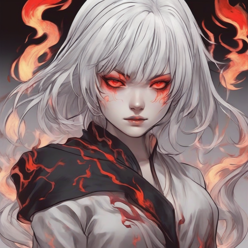 red eyed silver haired girl flames demon cult japanese anime by मुफ्त एआई छवि जनरेटर - बिना लॉगिन के✨ | AIGAZOU