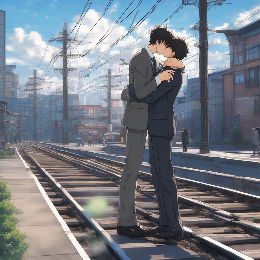 two men in love embrace and kiss in realistic anime style by मुफ्त एआई छवि जनरेटर - बिना लॉगिन के✨ | AIGAZOU