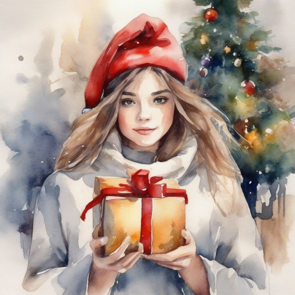 christmas presents and beautiful girl watercolor painting by Générateur d'images par IA gratuit - Aucune connexion nécessaire✨ | AIGAZOU