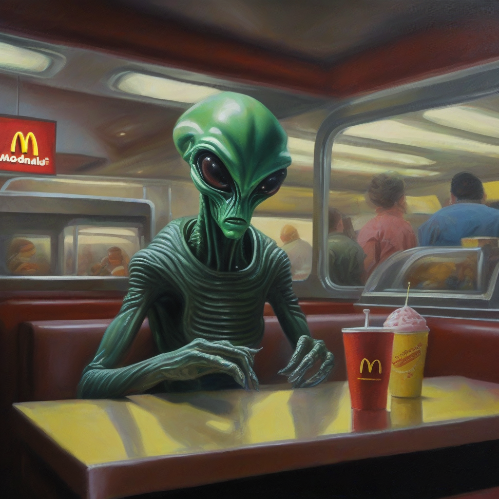 alien bei mcdonald oelgemalde by Générateur d'images par IA gratuit - Aucune connexion nécessaire✨ | AIGAZOU