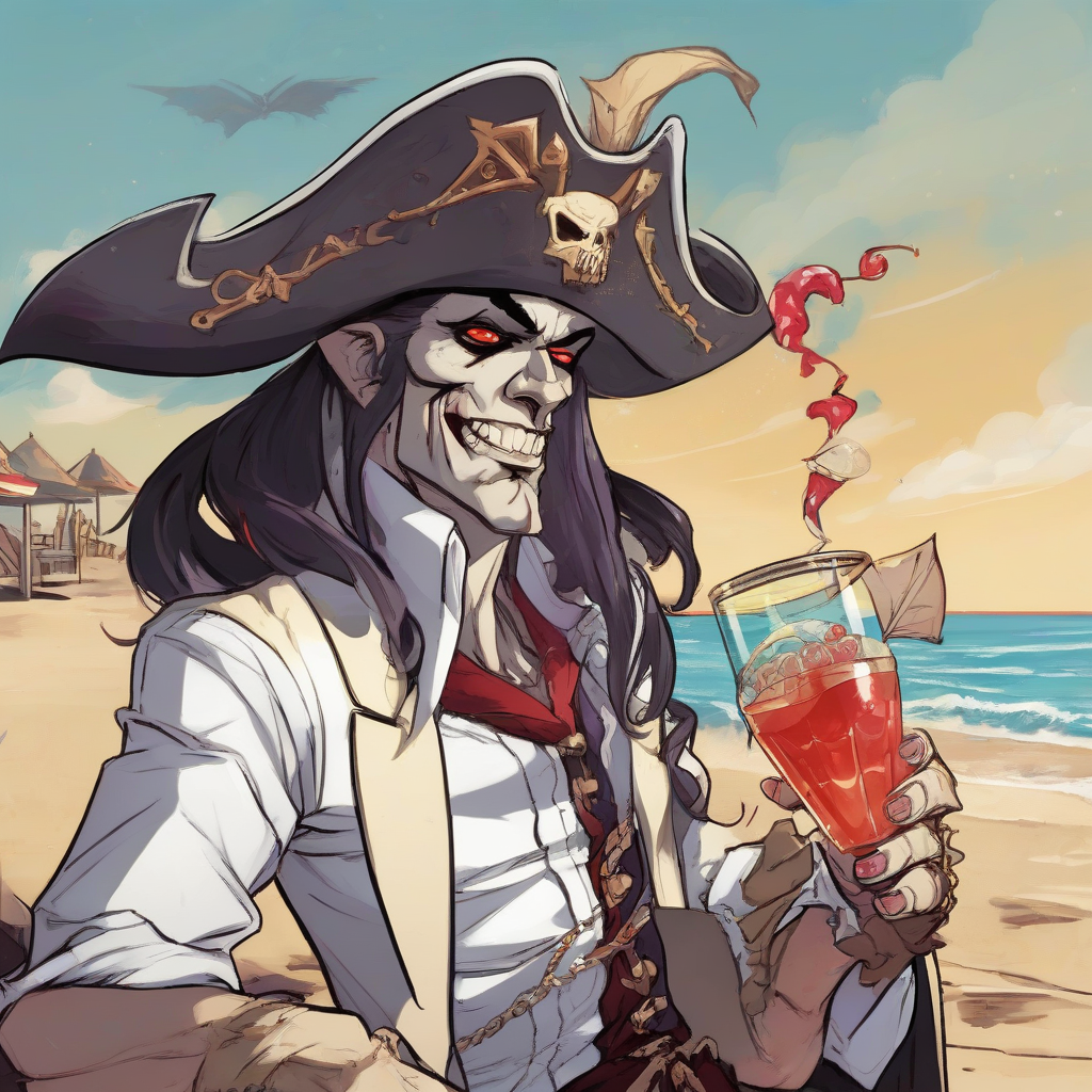 a vampire pirate on a sunny beach drinking a cocktail by मुफ्त एआई छवि जनरेटर - बिना लॉगिन के✨ | AIGAZOU