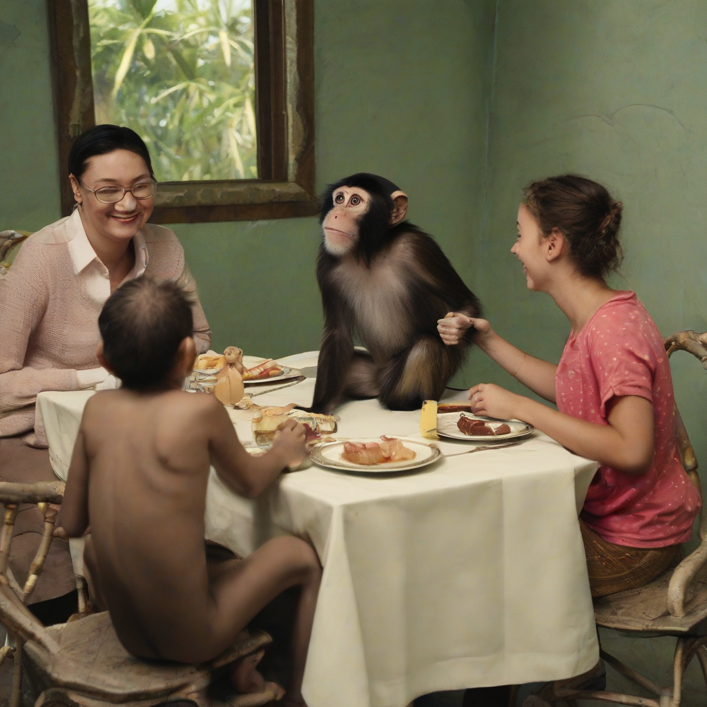 a family with a monkey sitting at a table by Générateur d'images par IA gratuit - Aucune connexion nécessaire✨ | AIGAZOU