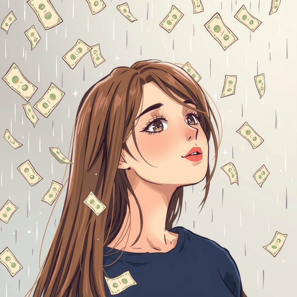 a young woman with long brunette hair is showered by falling money by 免费AI图像生成工具 | AIGAZOU