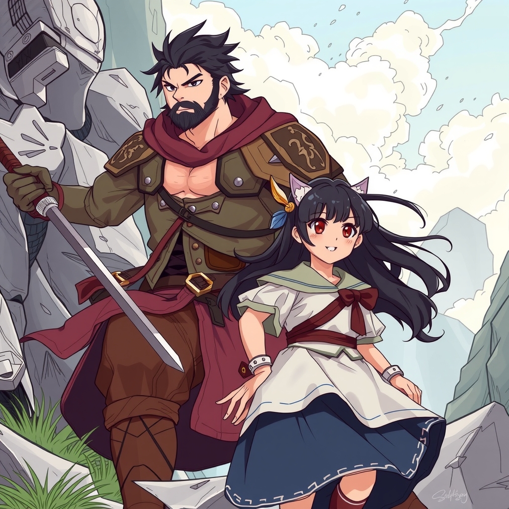 black haired magical girl and large male warrior travel by मुफ्त एआई छवि जनरेटर - बिना लॉगिन के✨ | AIGAZOU