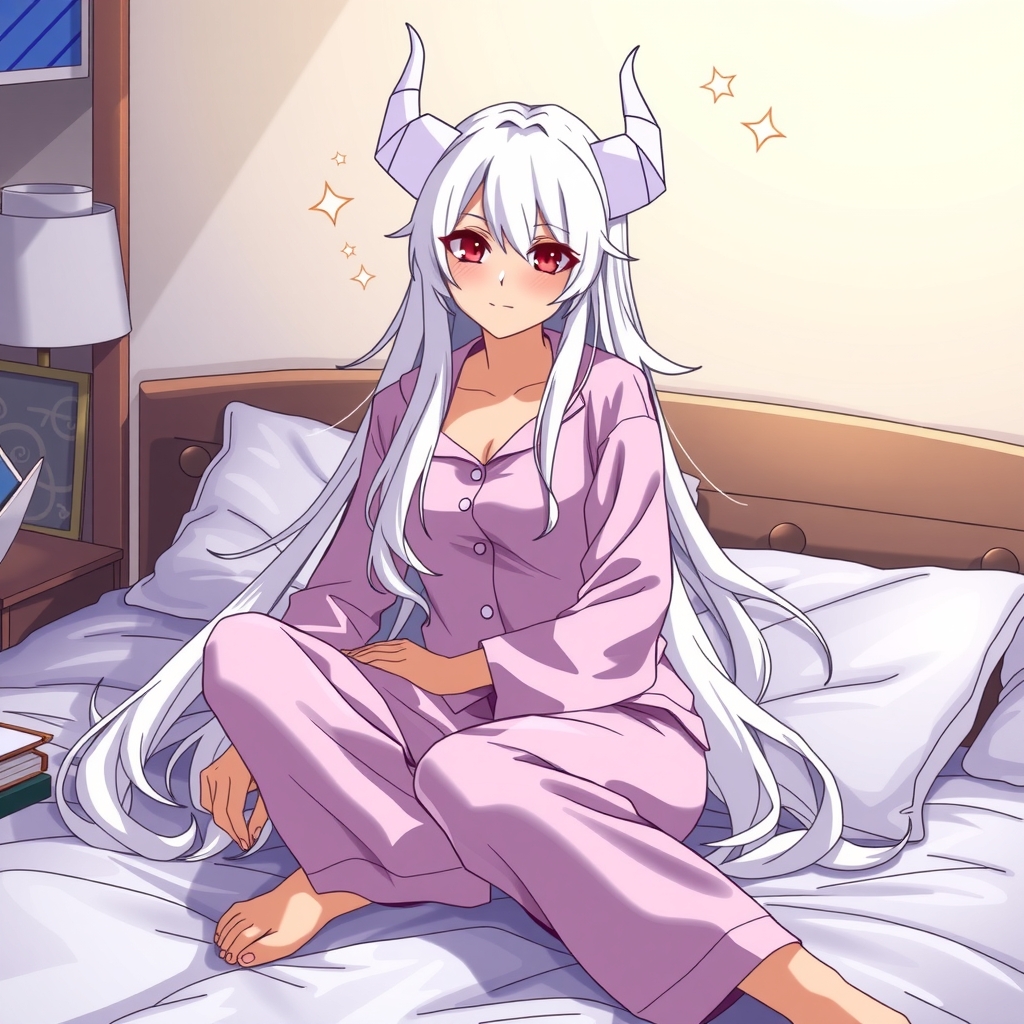 a woman with white horns and long white hair sitting on a bed in pajamas in yugioh style by मुफ्त एआई छवि जनरेटर - बिना लॉगिन के✨ | AIGAZOU