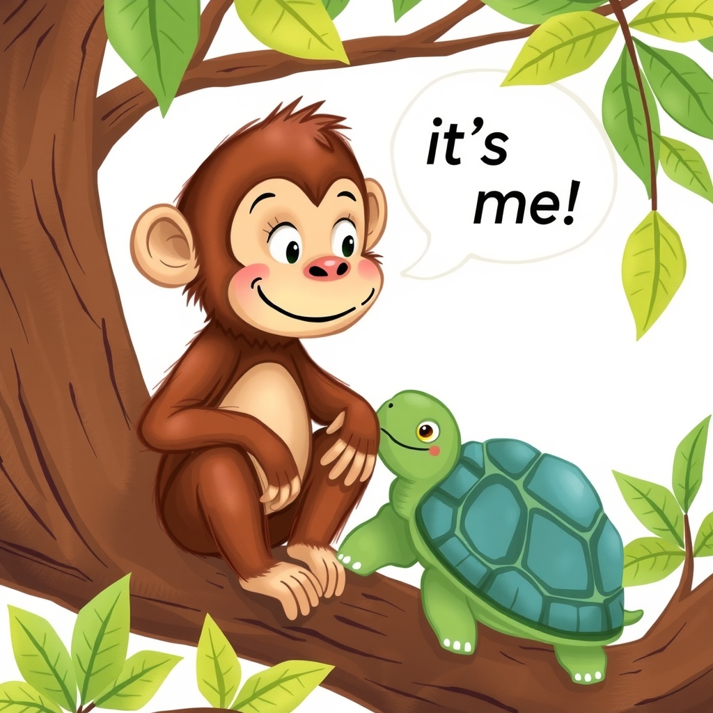 a monkey says its me a turtle is next to him in a tree childish drawing by मुफ्त एआई छवि जनरेटर - बिना लॉगिन के✨ | AIGAZOU