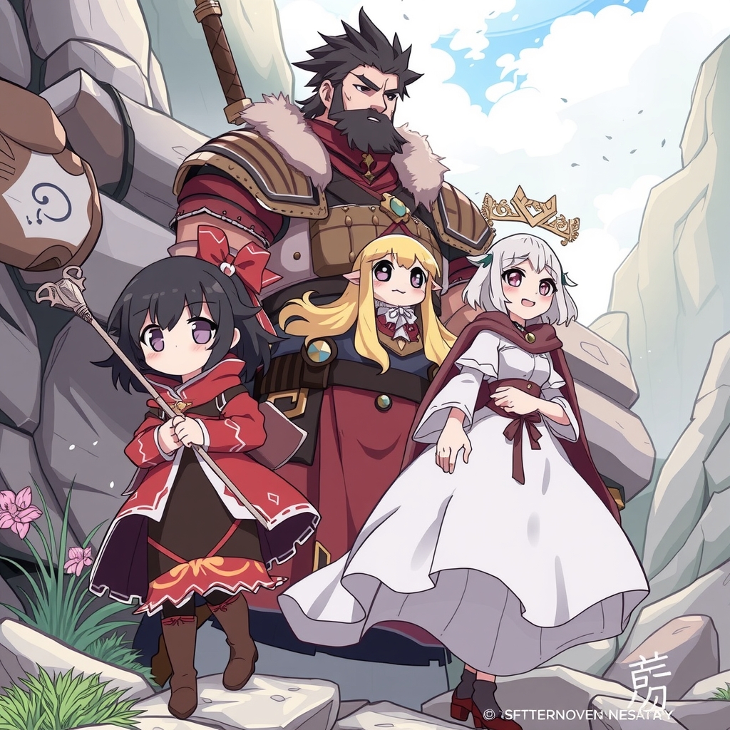 black haired magical girl and blonde ghost girl travel with large male warrior by मुफ्त एआई छवि जनरेटर - बिना लॉगिन के✨ | AIGAZOU