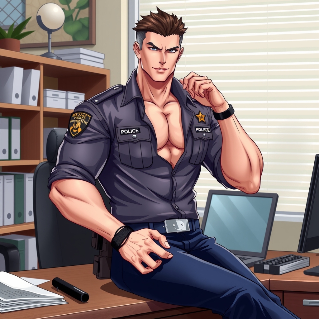 anime man tall masculine angular face muscular sexy in open police uniform by أداة مجانية لإنشاء الصور بالذكاء الاصطناعي - إنشاء الصور بدون تسجيل الدخول | AIGAZOU