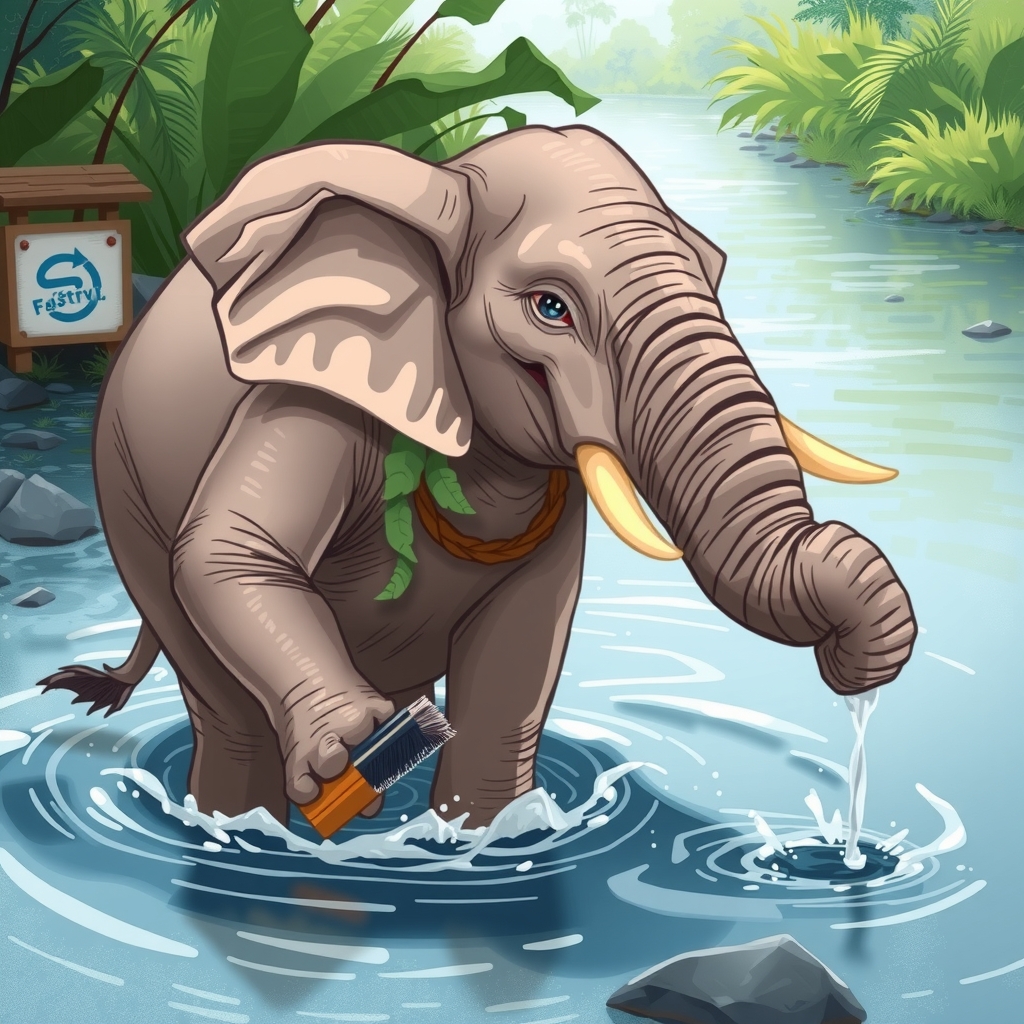 elephant human body cleaning river by 免费AI图像生成工具 | AIGAZOU