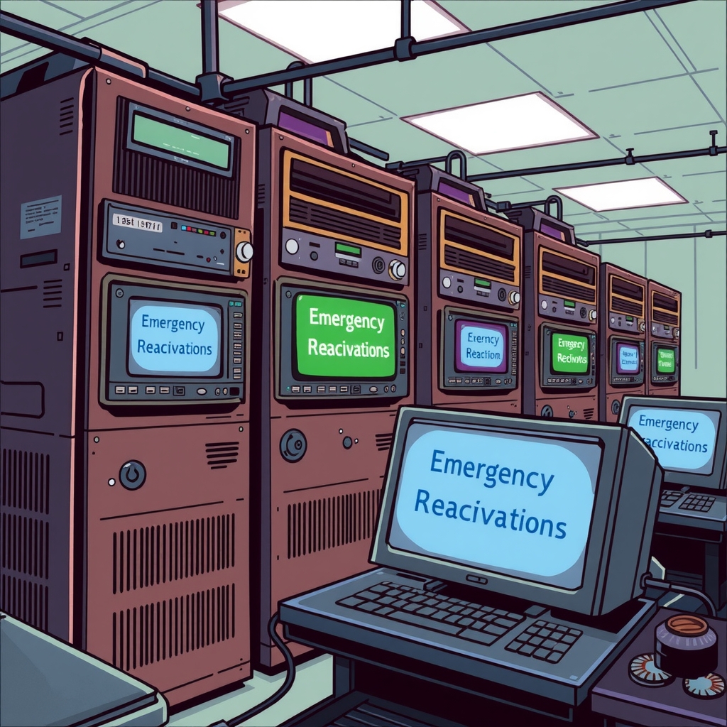 old servers start to autonomize thanks to an outdated but effective backup system we see screens displaying messages like emergency by मुफ्त एआई छवि जनरेटर - बिना लॉगिन के✨ | AIGAZOU