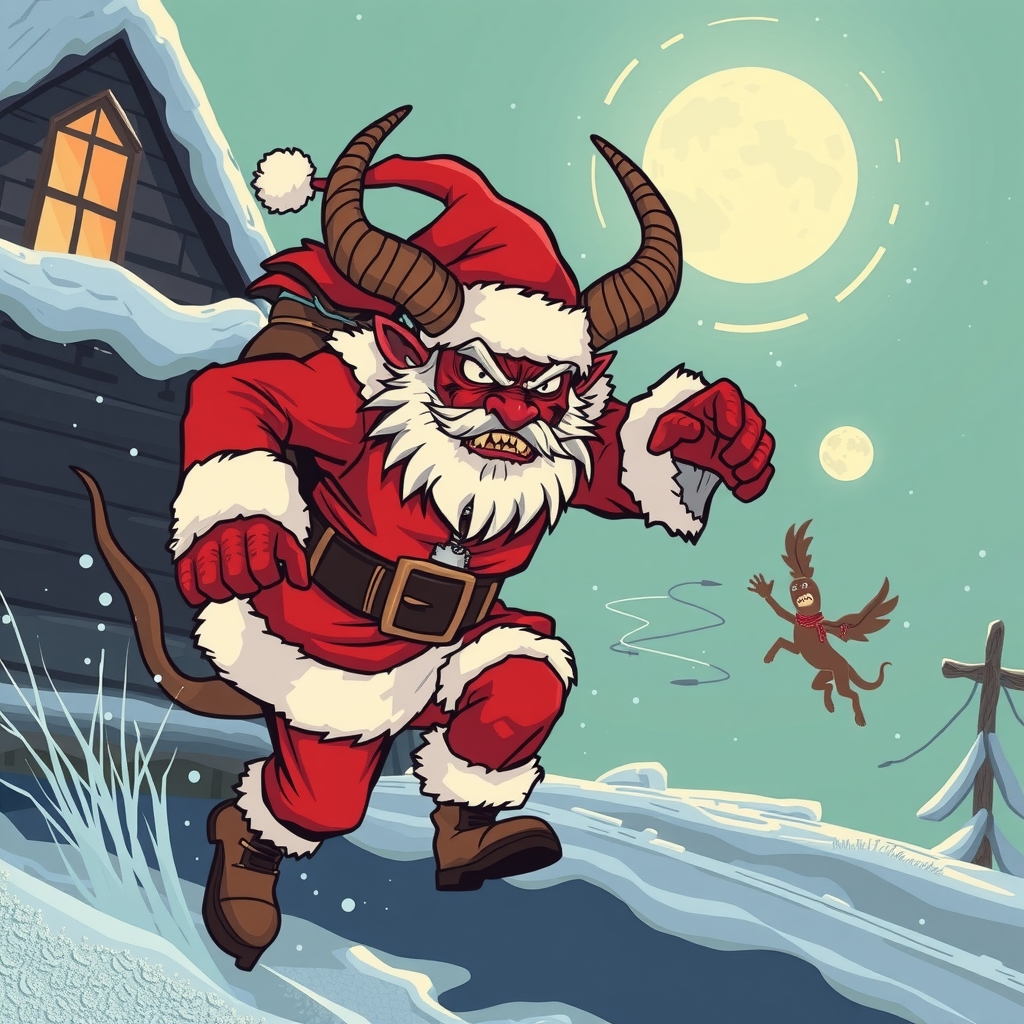 evil krampus in santa suit chases children by मुफ्त एआई छवि जनरेटर - बिना लॉगिन के✨ | AIGAZOU