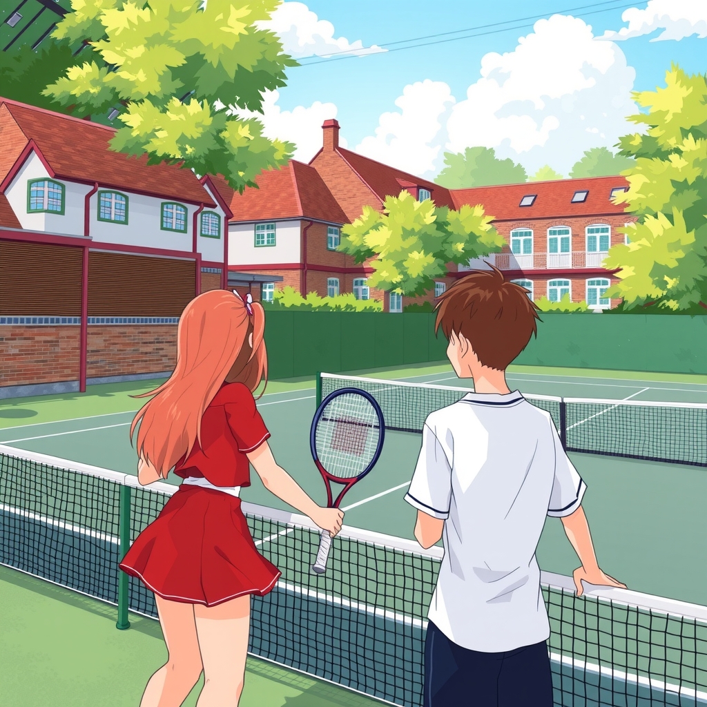 a tennis court in a college with a red haired girl and a brown haired boy playing tennis and another by Générateur d'images par IA gratuit - Aucune connexion nécessaire✨ | AIGAZOU