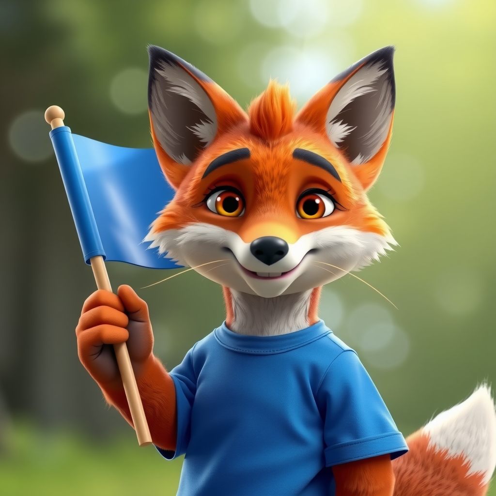 a fox in a blue t shirt with a blue flag in a 3d animation by मुफ्त एआई छवि जनरेटर - बिना लॉगिन के✨ | AIGAZOU