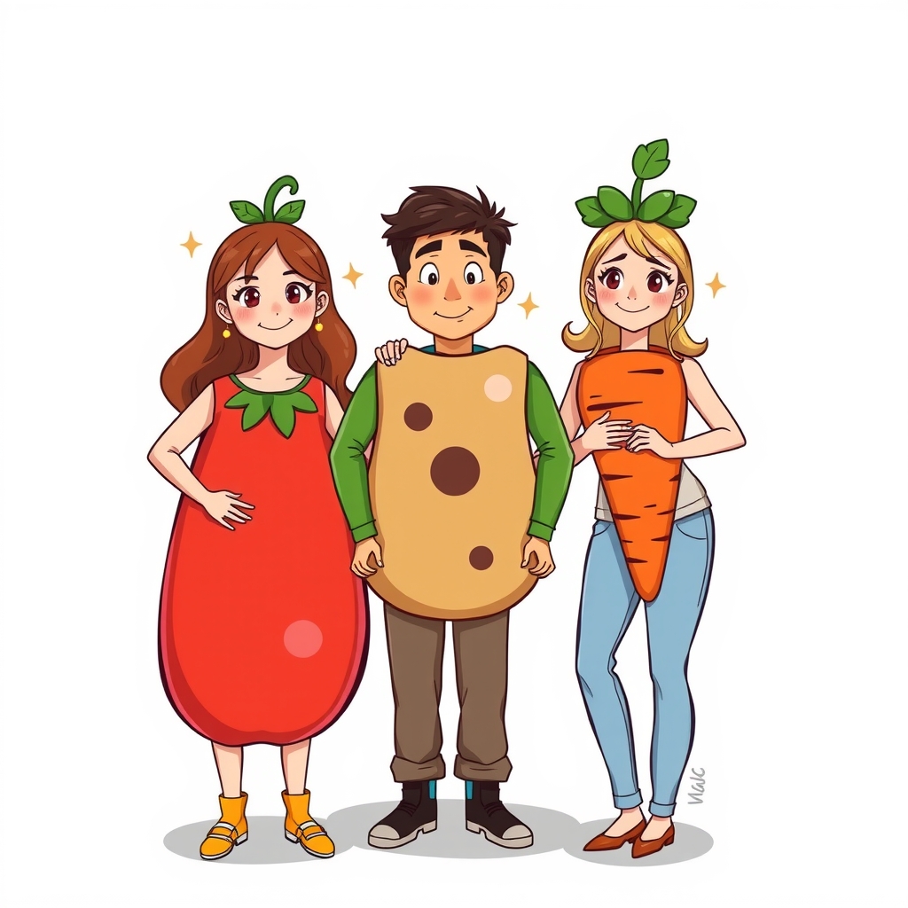 cute woman in tomato costume and funny man in potato costume and funny woman in carrot costume by मुफ्त एआई छवि जनरेटर - बिना लॉगिन के✨ | AIGAZOU