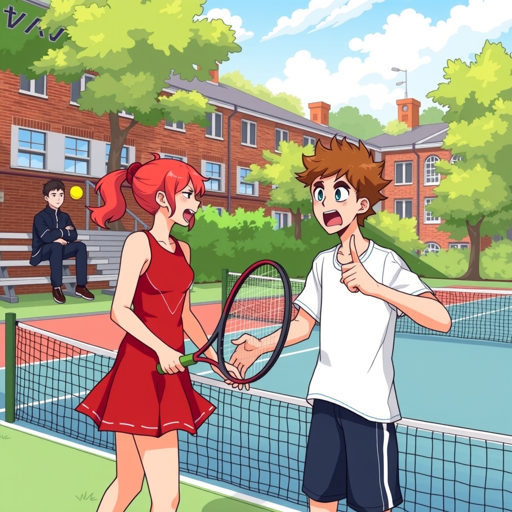 a tennis court in a college with a red haired girl in red playing tennis with a brown haired boy by मुफ्त एआई छवि जनरेटर - बिना लॉगिन के✨ | AIGAZOU