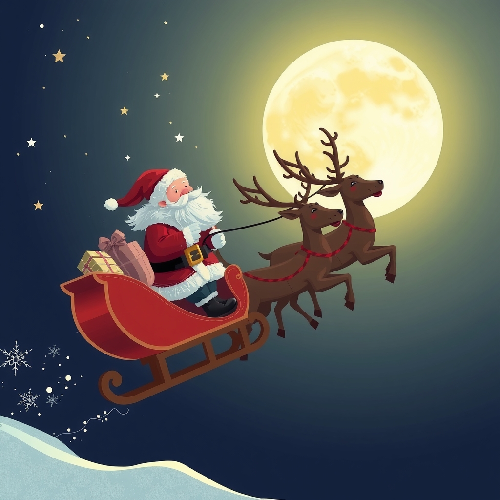 create a picture of a santa claus flying with reindeer under the moon by मुफ्त एआई छवि जनरेटर - बिना लॉगिन के✨ | AIGAZOU